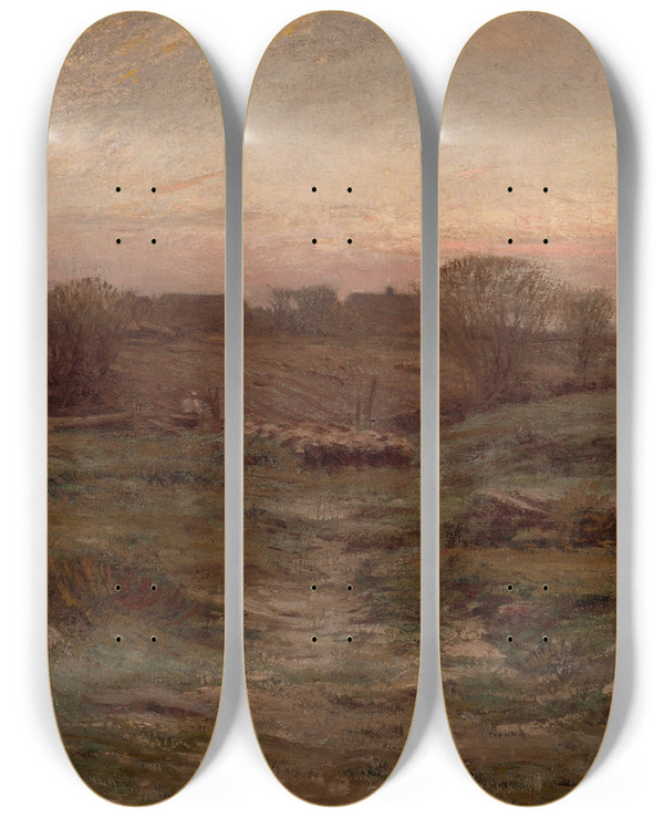 Triptych art skateboard deck of Dwight W Tryon Landscape Sheep In The Valley by Dwight W. Tryon (1849-1925)