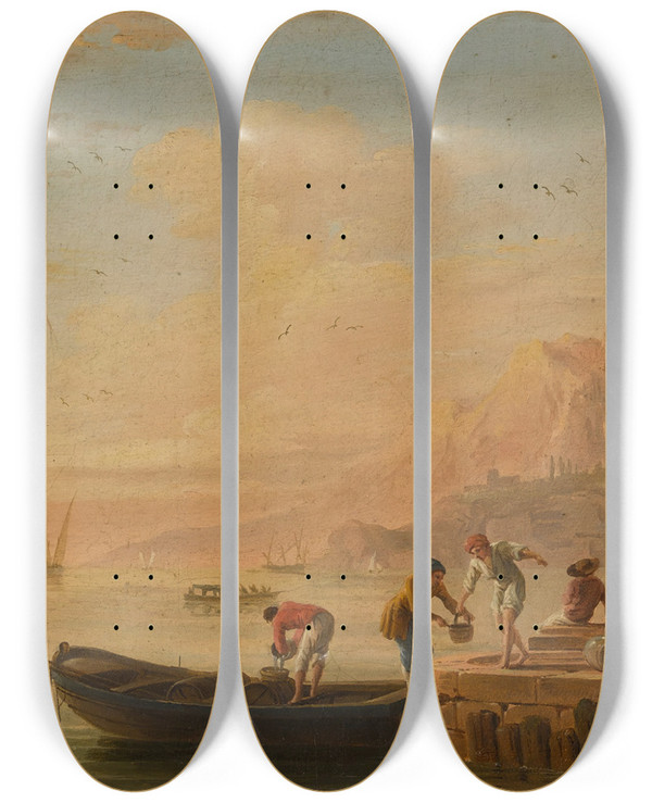 Triptych art skateboard deck of Charlesfranois Grenier De Lacroix A Mediterranean Harbour Scene With Fishermen Unloading Their Boats by Charles Francois Grenier De Lacroix (1700-1782)