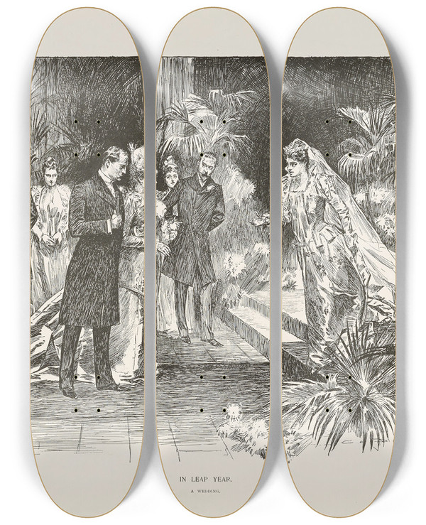 Triptych art skateboard deck of Charles Dana Gibson In Leap Year A Wedding by Charles Dana Gibson (1867-1944)