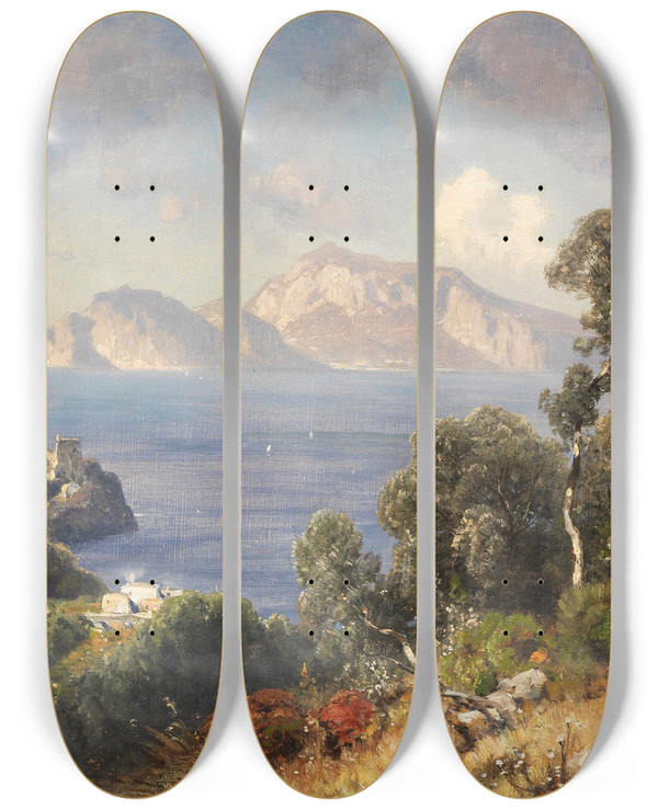 Triptych art skateboard deck of Ascan Lutteroth Italienische Kstenlandschaft Mit Blick Auf Capri by Ascan Lutteroth (1842-1923)