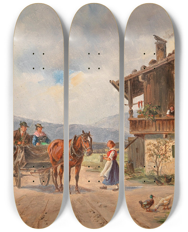 Triptych art skateboard deck of Ludwig Mllercornelius Labung Vor Dem Bauernhaus Am See by Ludwig Mller-Cornelius (1864-1946)