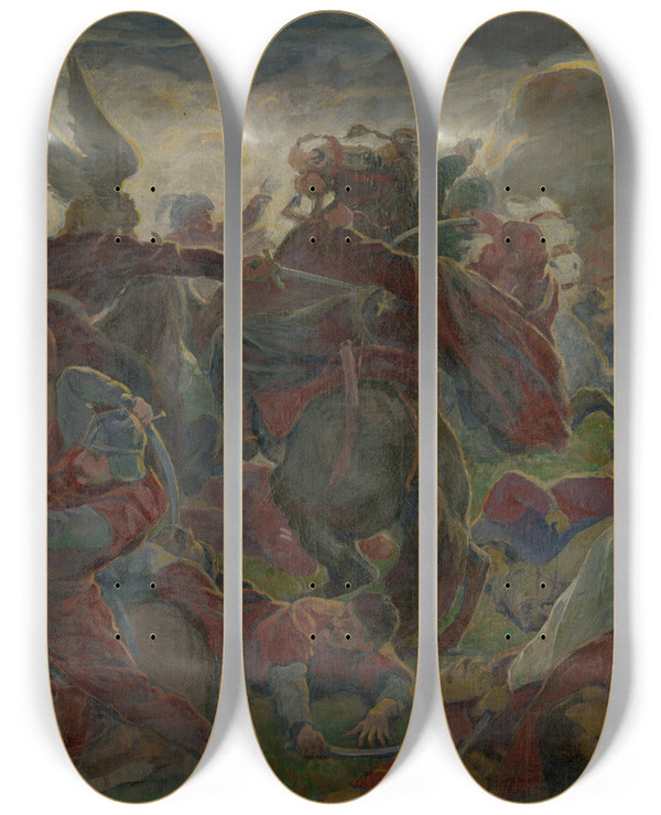 Triptych art skateboard deck of Jozef Hanula Tomorys Death At The Battle Of Mohcs by Jozef Hanula (1863-1944)