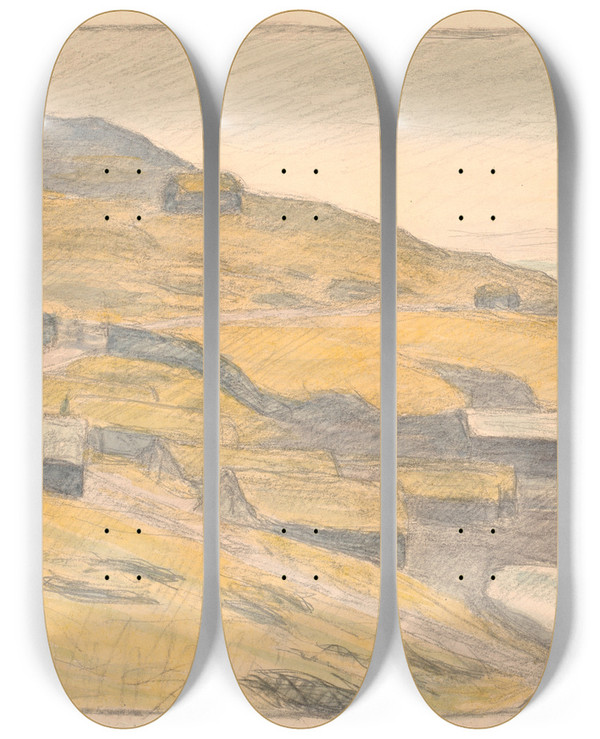 Triptych art skateboard deck of Niels Bjerre Parti Fra Nols Frerne by Niels Bjerre (1864-1942)