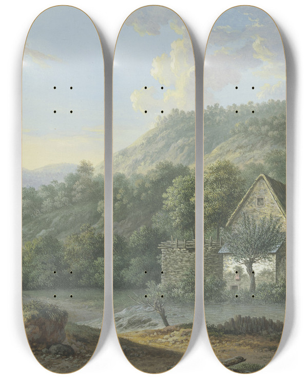 Triptych art skateboard deck of Karl Franz Kraul Waldtal Mit Einem Bach Rechts Zwei Bauernhuser by Karl Franz Kraul (1754-1796)