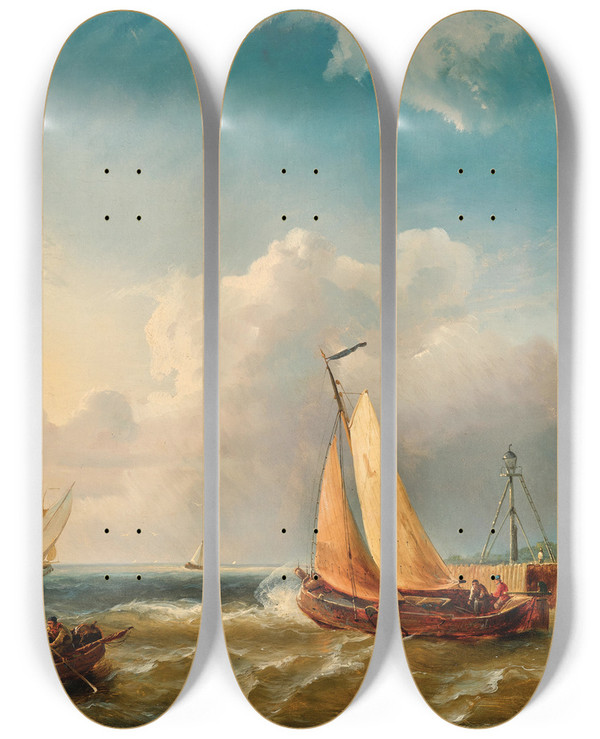 Triptych art skateboard deck of Pieter Cornelis Dommershuijzen A Harbour View by Pieter Cornelis Dommersen