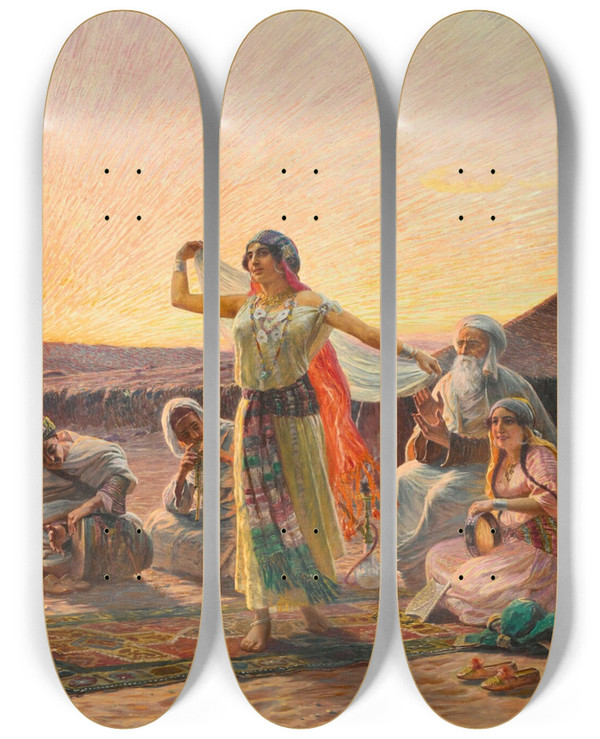 Triptych art skateboard deck of Otto Pilny Dance In The Desert by Otto Pilny (1866-1936)