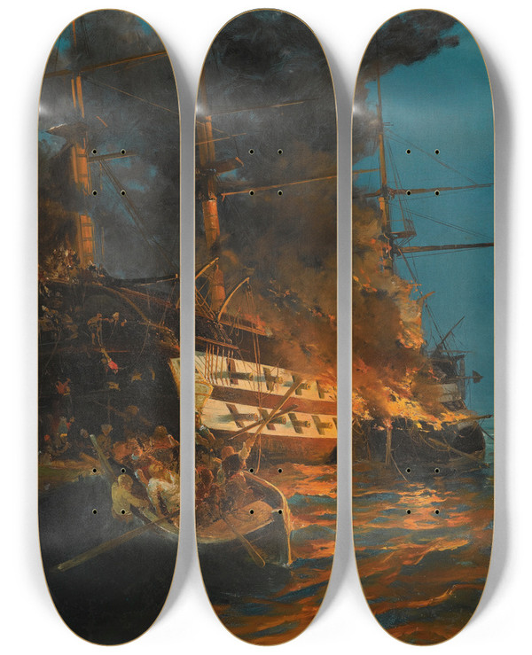 Triptych art skateboard deck of Constantinos Volanakis The Burning Of A Turkish Frigate by Konstantinos Volanakis (1837-1907)