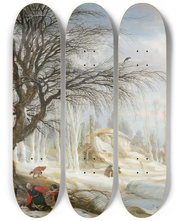 Triptych art skateboard deck of Gijsbrecht Leytens Winter Landscape With Wood Gatherers by Gijsbrecht Leytens (1586-1657)