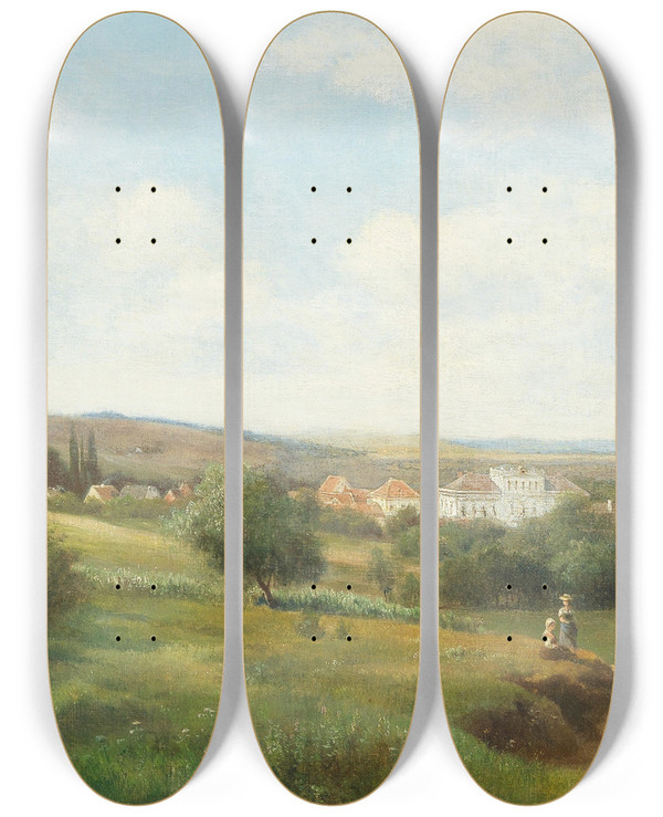 Triptych art skateboard deck of Ludwig Halauska View Of Zeiselmauerwolfpassing Near Tulln by Ludwig Halauska (1827-1882)