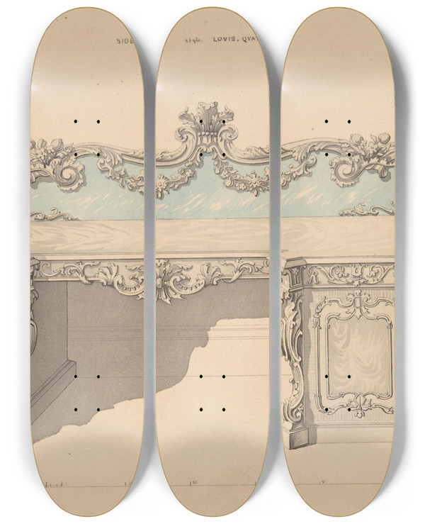 Triptych art skateboard deck of Robert William Hume Design For Sideboard Louis Quatorze Style by Robert William Hume (1816-1904)