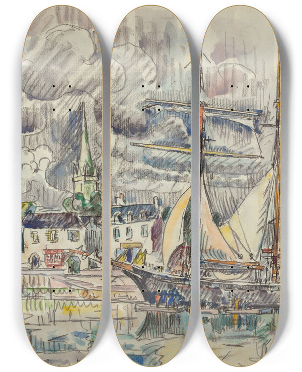 Triptych art skateboard deck of Paul Signac Le Port De Paimpol by Paul Signac (1863-1935)