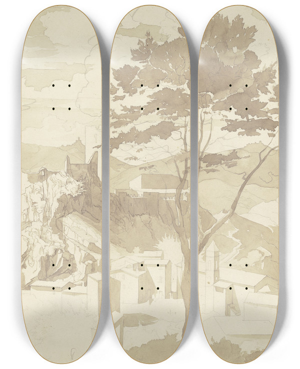 Triptych art skateboard deck of Franz Theobald Horny View On Olevano by Franz Theobald Horny (1798-1824)