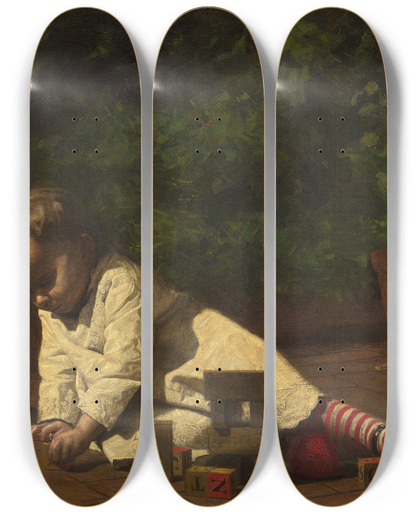 Triptych art skateboard deck of Thomas Eakins Baby At Play by Thomas Eakins (1844-1916)