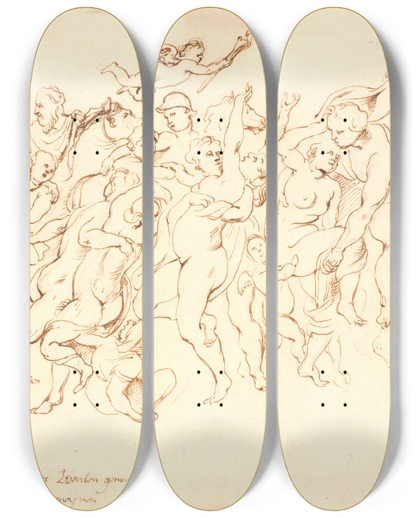 Triptych art skateboard deck of Willem Panneels Sabinerindernes Rov_2 by Willem Panneels (1600-1634)