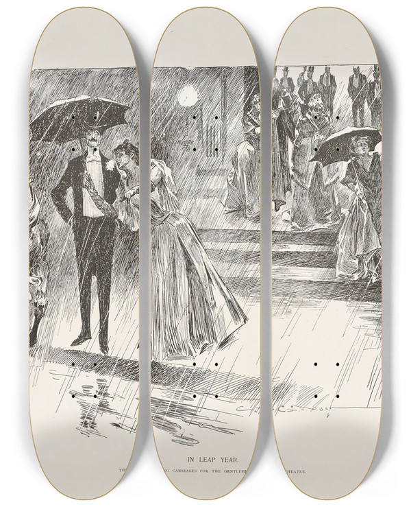 Triptych art skateboard deck of Charles Dana Gibson In Leap Year The Ladies Calling Carriages For The Gentlemen After The Theatre by Charles Dana Gibson (1867-1944)