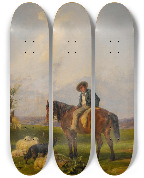 Triptych art skateboard deck of Rosa Bonheur In The Meadow by Rosa Bonheur (1822-1899)