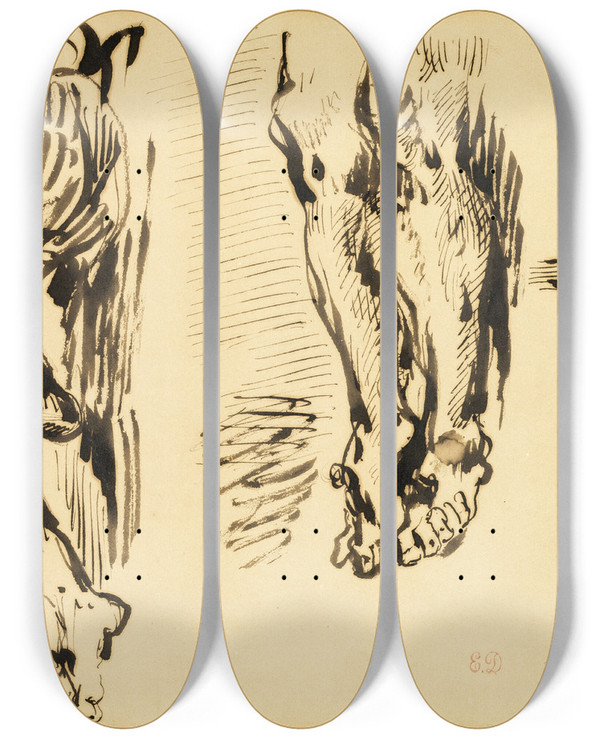 Triptych art skateboard deck of Eugne Delacroix Study Of Arms And Legs Of Christ Crucified by Eugene Delacroix (1798-1863)