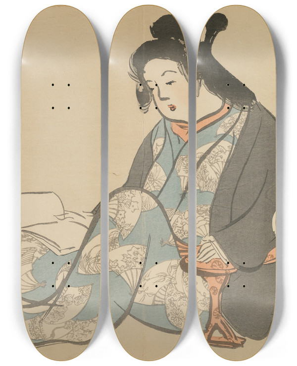 Triptych art skateboard deck of Kamisaka Sekka Idleness Tsurezure by Kamisaka Sekka (1866-1942)