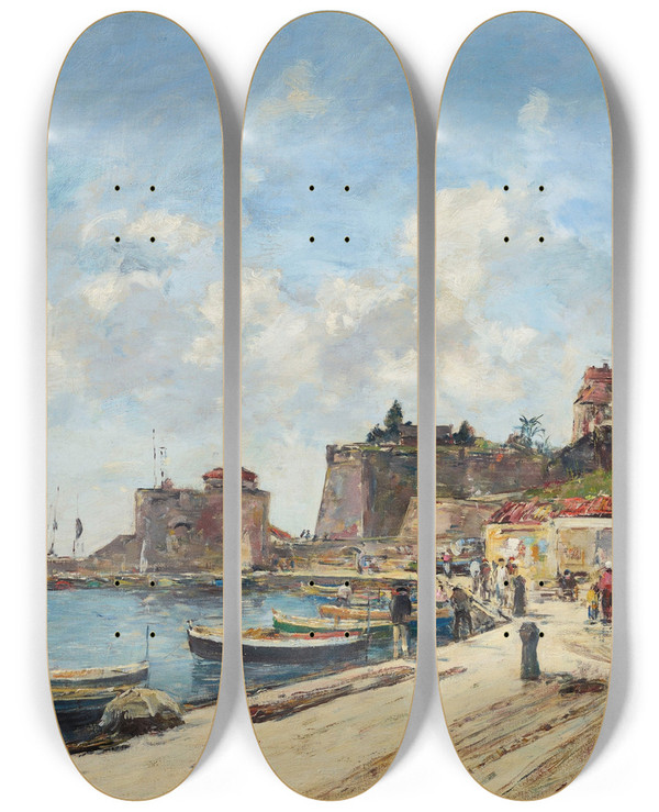 Triptych art skateboard deck of Eugne Boudin Villefranche Le Port by Eugene Boudin (1824-1898)