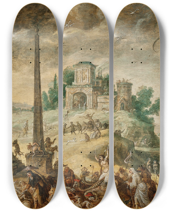 Triptych art skateboard deck of Claes Jacobsz Van Der Heck A Witches Sabbath by Claes Jacobsz. van der Heck (1575-1652)