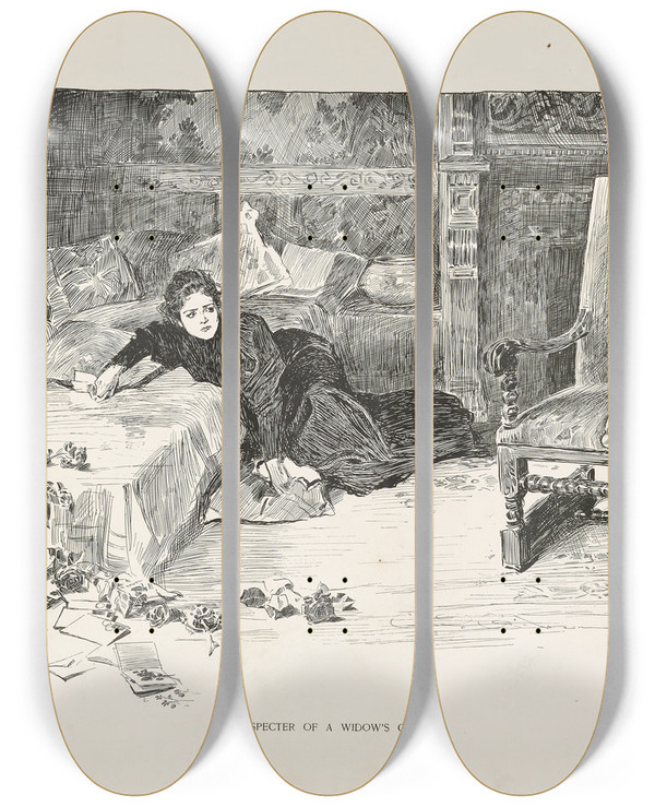 Triptych art skateboard deck of Charles Dana Gibson No Respecter Of A Widows Grief_1 by Charles Dana Gibson (1867-1944)
