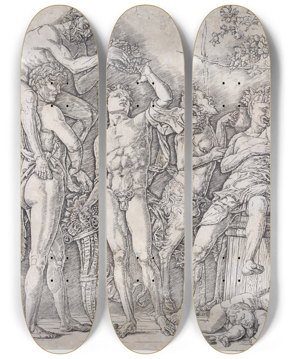 Triptych art skateboard deck of Andrea Mantegna Bacchanal With A Wine Vat_2 by Andrea Mantegna (1431-1506)
