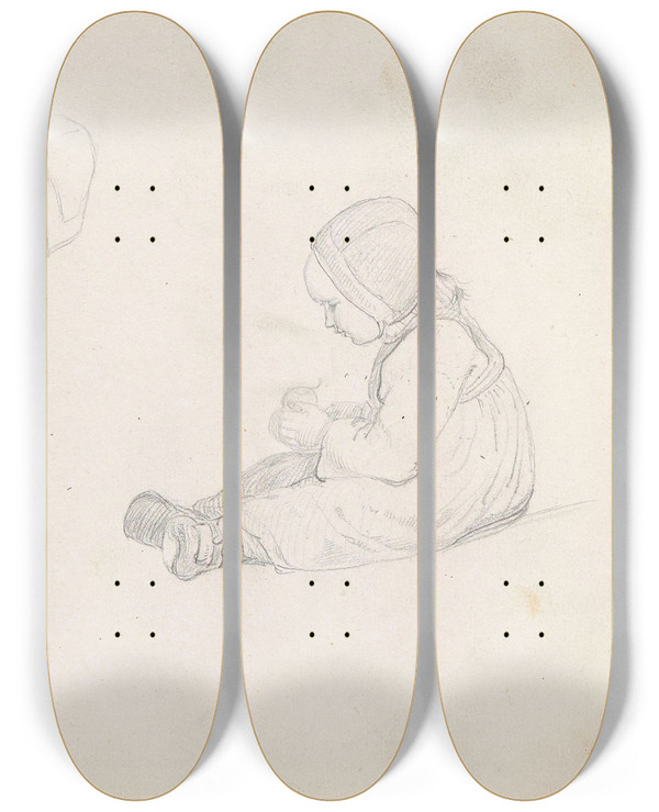 Triptych art skateboard deck of Adolph Tidemand Studier Av Et Jentebarn by Adolph Tidemand (1814-1876)