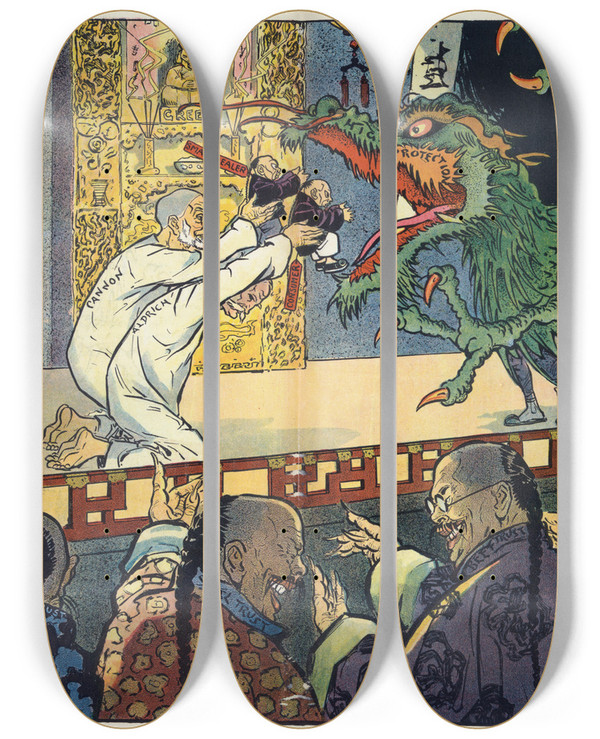 Triptych art skateboard deck of Frank Arthur Nankivell Like A Chinese Play It Goes On Forever by Frank Arthur Nankivell (1869-1959)