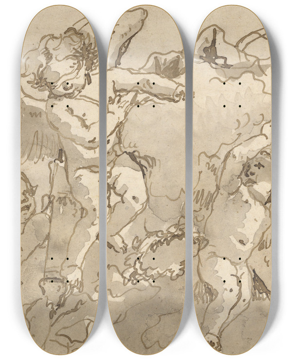 Triptych art skateboard deck of Giovanni Domenico Tiepolo Cupid Blindfolded In The Clouds With Five Attendant Putti by Giovanni Domenico Tiepolo (1727-1804)