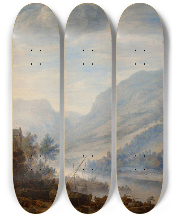 Triptych art skateboard deck of Herman Saftleven View Of The Rhine At Reineck by Herman Saftleven (1609-1685)