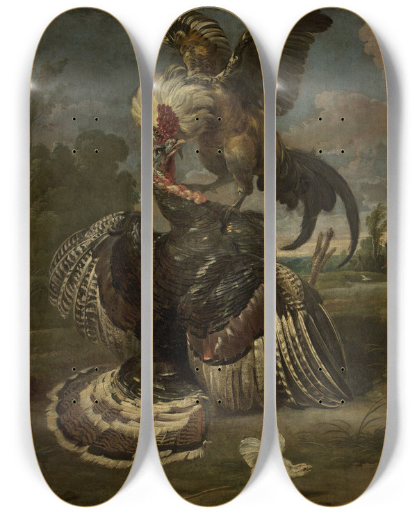 Triptych art skateboard deck of Paul De Vos A Turkey And A Rooster by Paul de Vos (1596-1678)