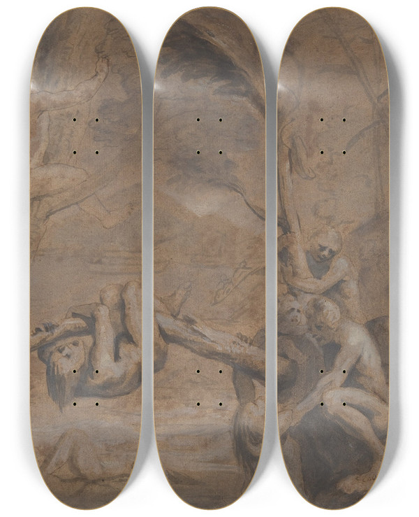 Triptych art skateboard deck of Jan Cossiers The Flood by Jan Cossiers (1600-1671)