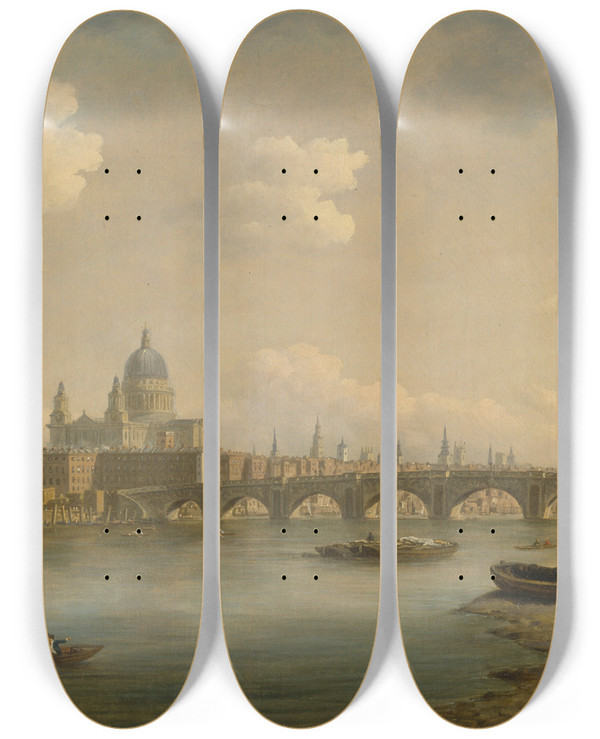Triptych art skateboard deck of William Marlow St Pauls And Blackfriars Bridge by William Marlow (1740-1813)