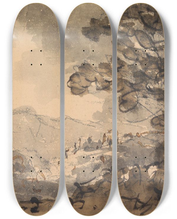 Triptych art skateboard deck of William Gilpin Landscape With Castle In The Distance by William Gilpin (1724-1804)