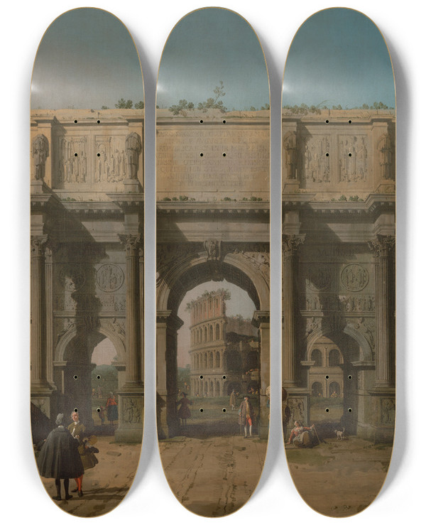 Triptych art skateboard deck of Canaletto View Of The Arch Of Constantine With The Colosseum by Canaletto (1697-1768)