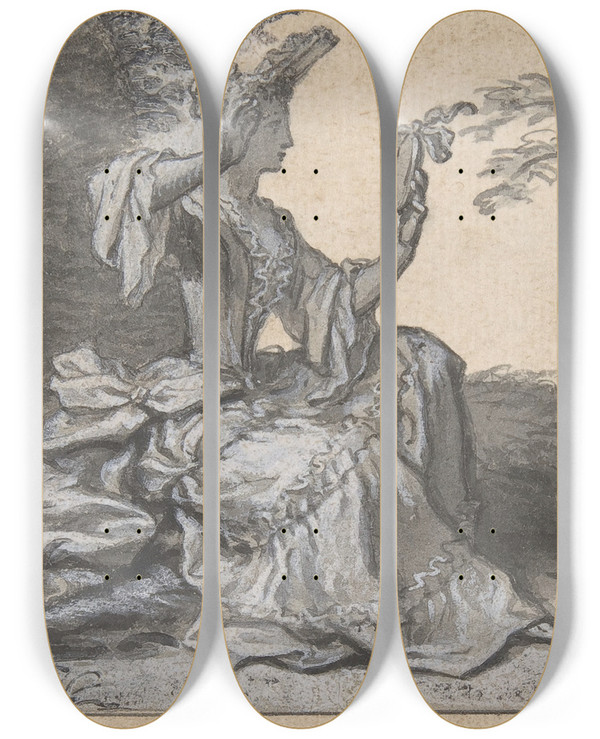 Triptych art skateboard deck of Claude Simpol Lady With A Mirror by Claude Simpol (1666-1716)