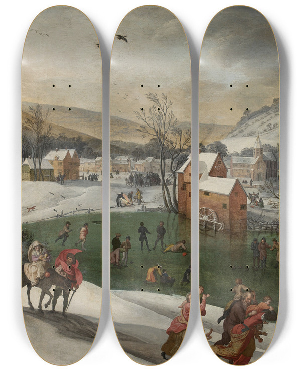 Triptych art skateboard deck of Gillis Mostaert Winter Landscape With The Flight To Egypt by Gillis Mostaert (1534-1598)
