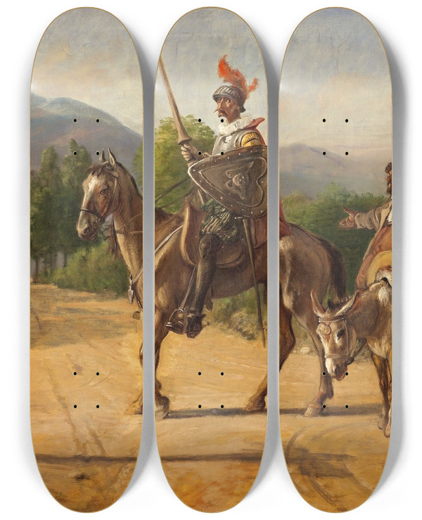Triptych art skateboard deck of Wilhelm Marstrand Don Quixote And Sancho Panza At A Crossroad by Wilhelm Marstrand (1810-1873)