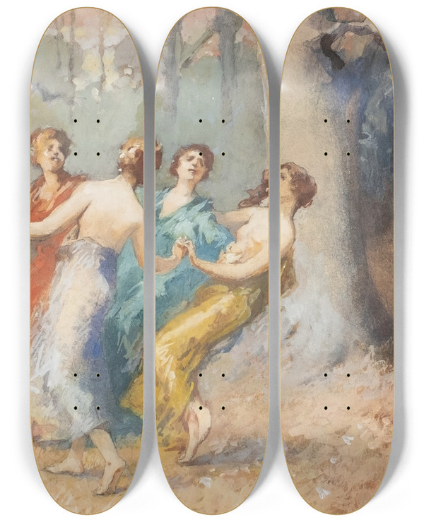 Triptych art skateboard deck of Hugo Lffler The Dance Of The Nymphs by Hugo Loffler (1859-1935)