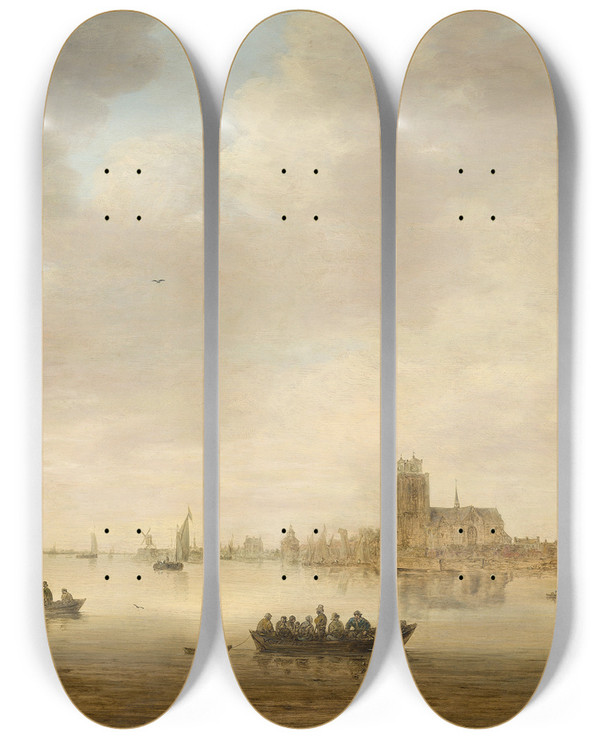 Triptych art skateboard deck of Jan Van Goyen View Of Dordrecht From The Dordtse Kil by Jan Van Goyen (1596-1656)