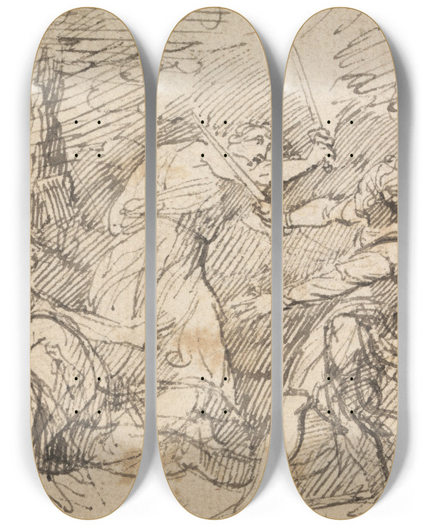 Triptych art skateboard deck of John Hamilton Mortimer Two Men Fighting Before A Woman by John Hamilton Mortimer (1740-1779)