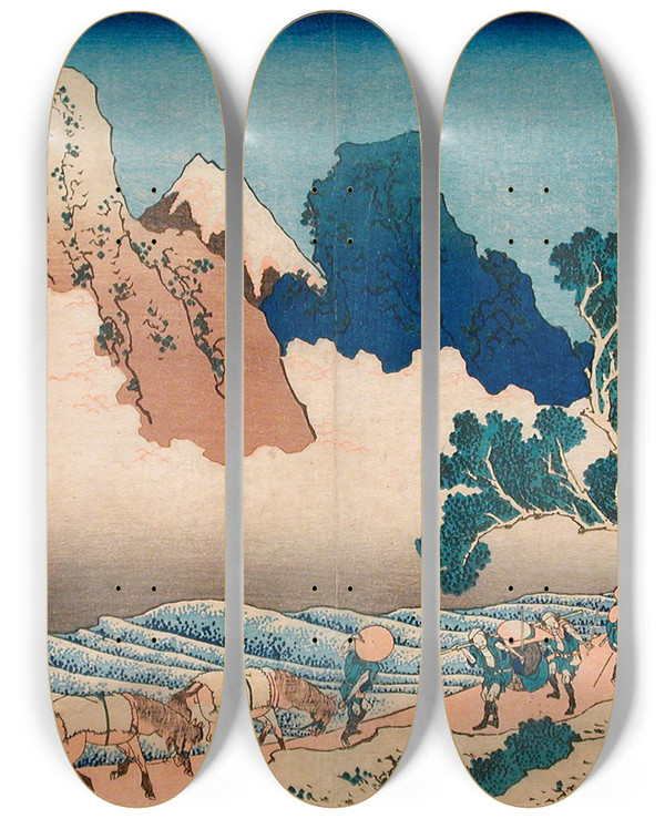 Triptych art skateboard deck of Katsushika Hokusai Back View Of Fuji From The Minobu River by Katsushika Hokusai (1760-1849)