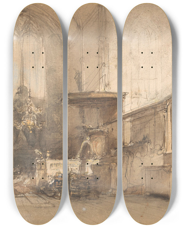Triptych art skateboard deck of Johannes Bosboom Interieur Van De Kerk Te Oosthuizen by Johannes Bosboom (1817-1891)