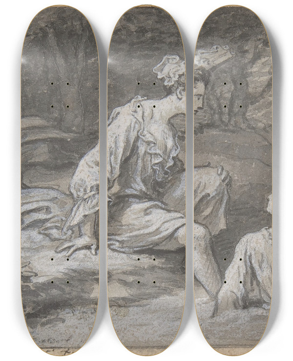 Triptych art skateboard deck of Claude Simpol Ladies Bathing by Claude Simpol (1666-1716)