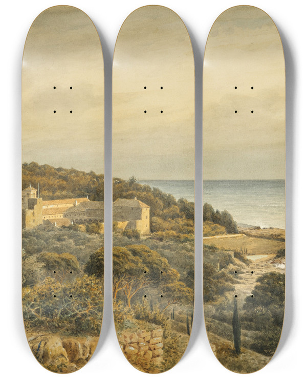 Triptych art skateboard deck of Anton Perko Lacroma In Dalmatien by Anton Perko (1833-1905)