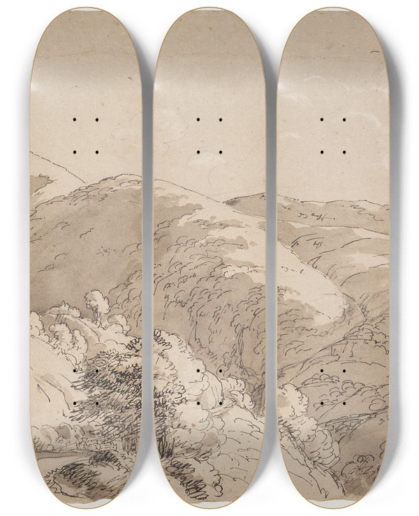 Triptych art skateboard deck of Johan Ludvig Lund Bjerge Ved Subiaco by Johan Ludvig Lund (1777-1867)