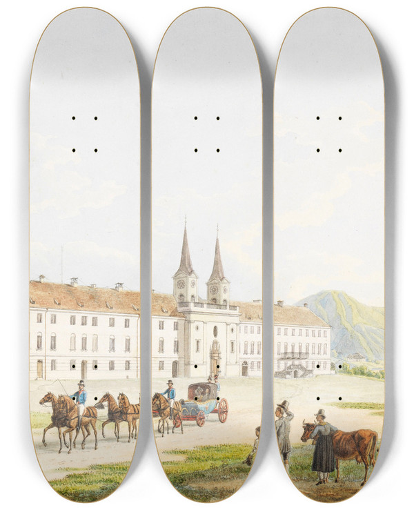 Triptych art skateboard deck of Heinrich Adam Schloss Tegernsee by Heinrich Adam (1787-1862)