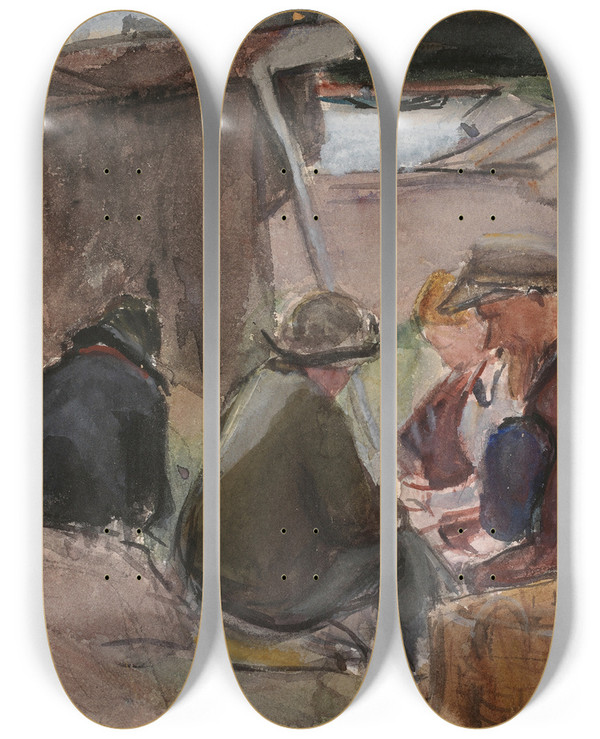 Triptych art skateboard deck of Magnus Enckell Fisherfolk By The Sea by Magnus Enckell (1870-1925)