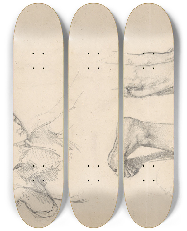 Triptych art skateboard deck of Jzef Simmler Studies Of Feet Of Nicodemus And Christ To The Painting Entombment by Jozef Simmler (1823-1868)