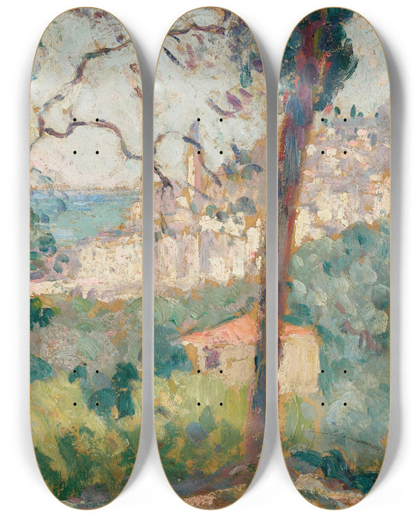 Triptych art skateboard deck of Henri Lebasque Le Village by Henri Lebasque (1865-1937)